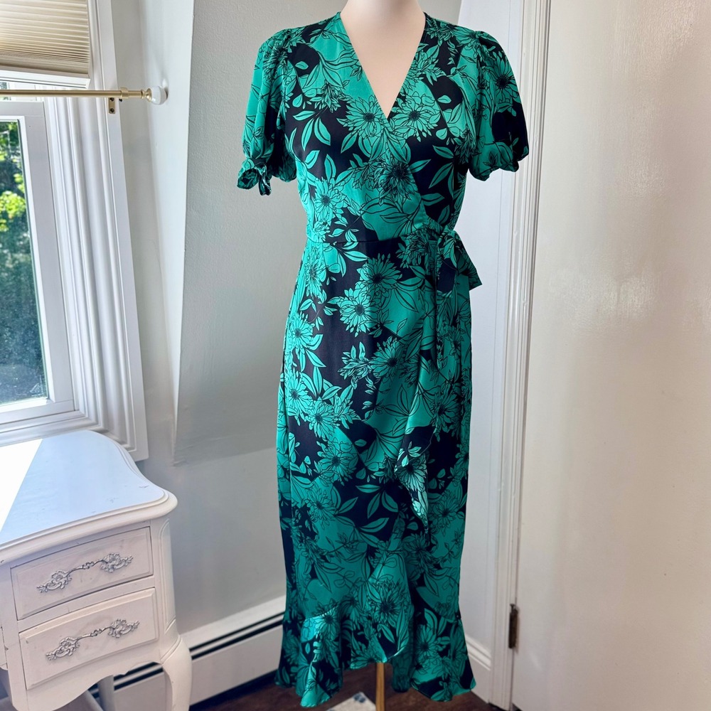 Chelsea28 Green Black Floral Wrap Midi Dress Ruffle Hem Puff Sleeve | Size S‎